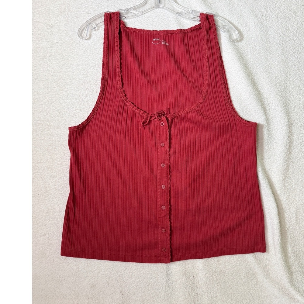 NWT Aerie Real Good‎ Ribbed Button Front Tank Top XXL Red Lace Trim Sleeveless